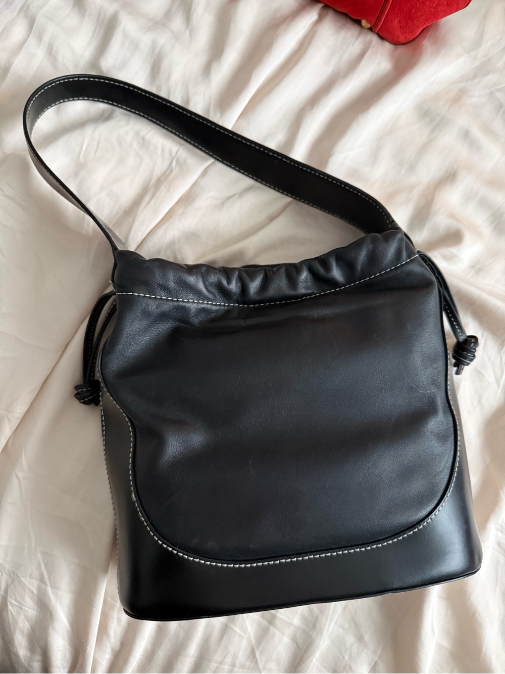 STAUD Black Leather Shoulder Bag with Contrast Stitching